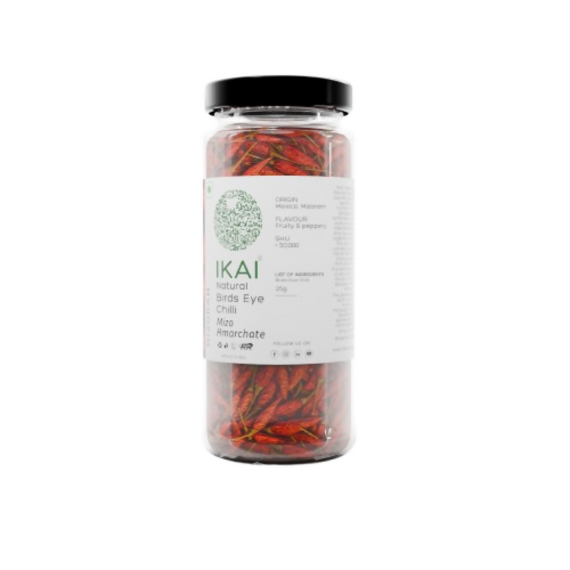 Jar of IKAI bird's eye chilies on a white background