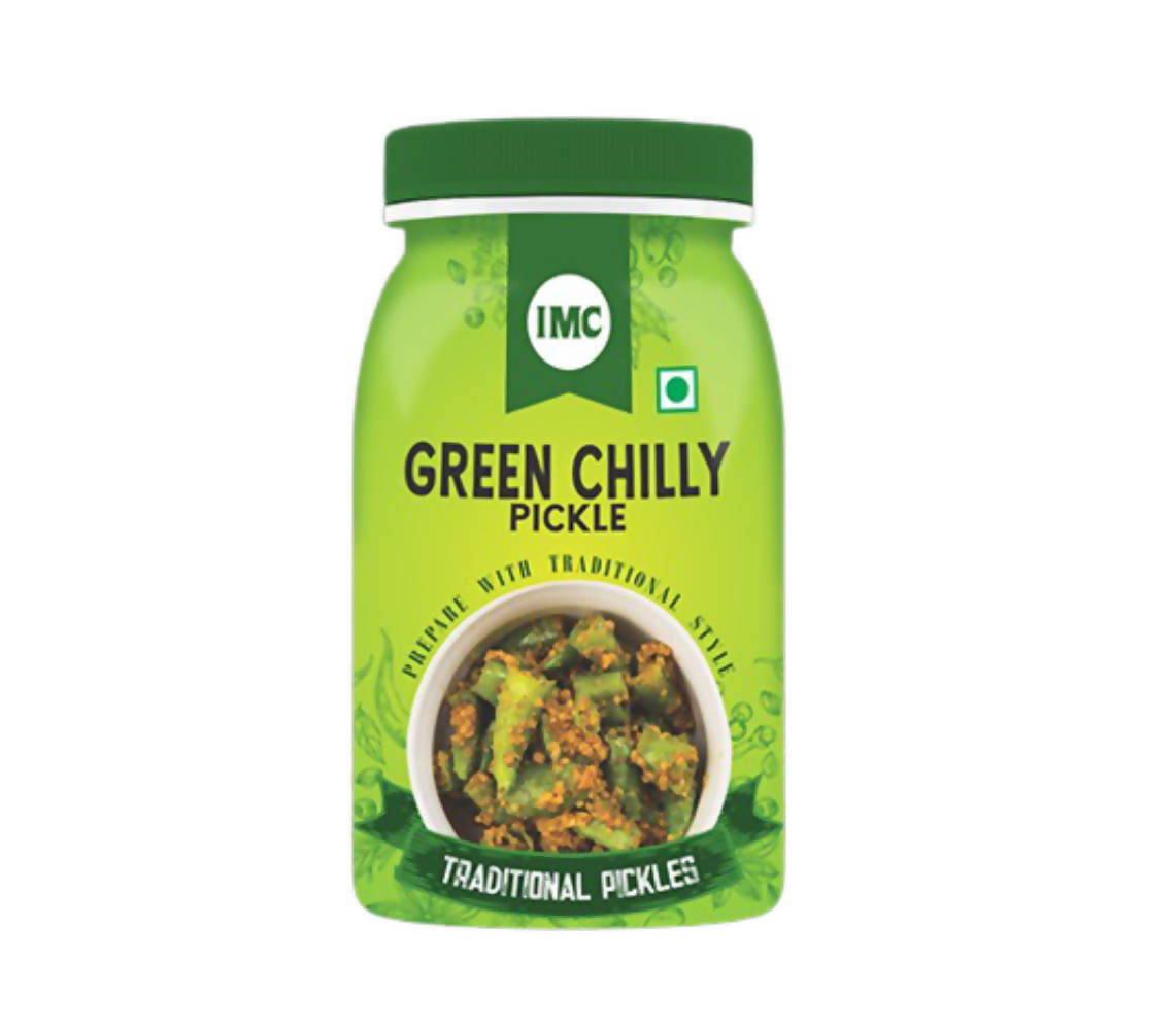 Green Chilly Pickle jar with IMC logo on a white background