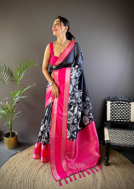 Black Blossom Kalmakari Soft Silk Saree