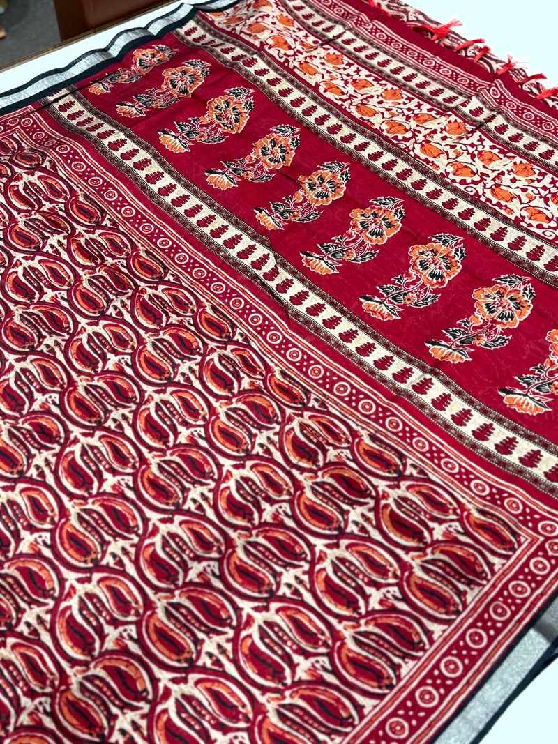 Red Ikkat Ajrakh Print Viscose Saree