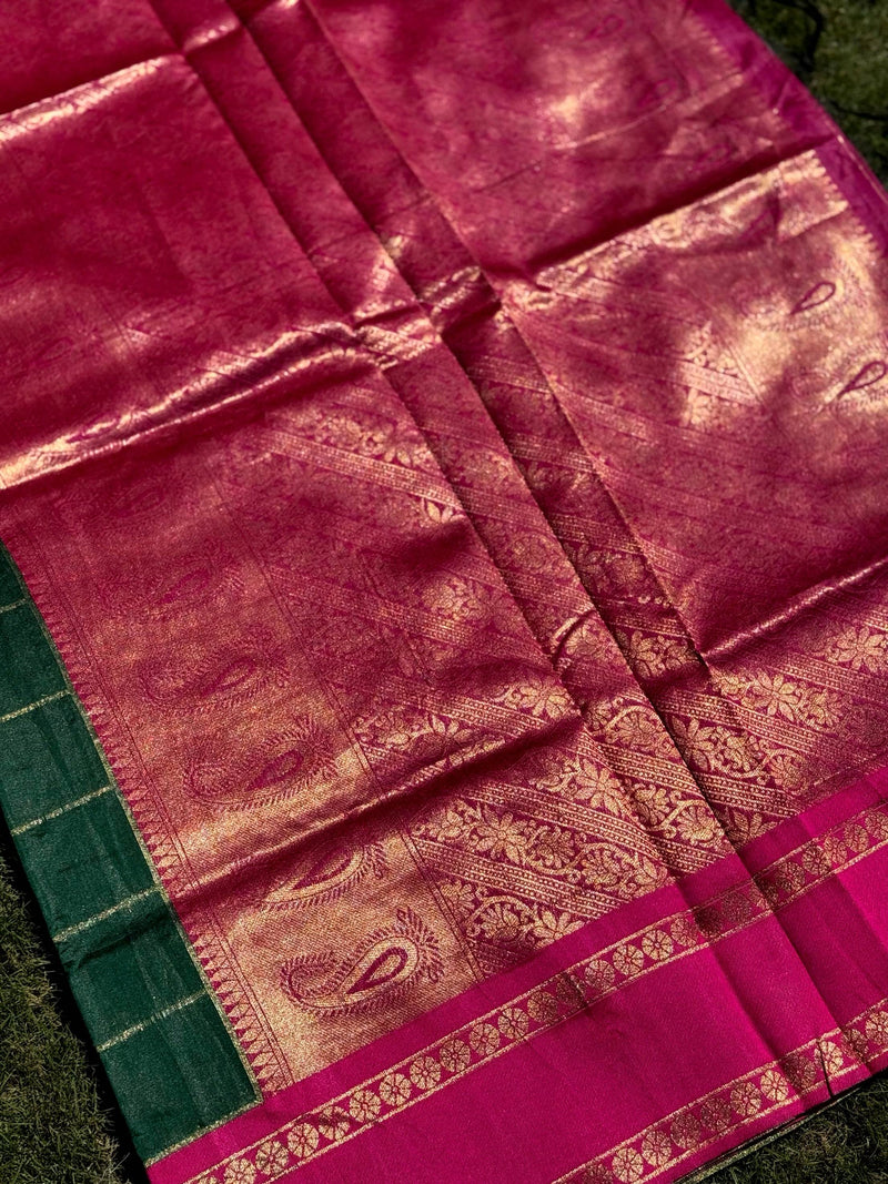 Intricate Paisley Silk Saree With Radiant Pink Pallu