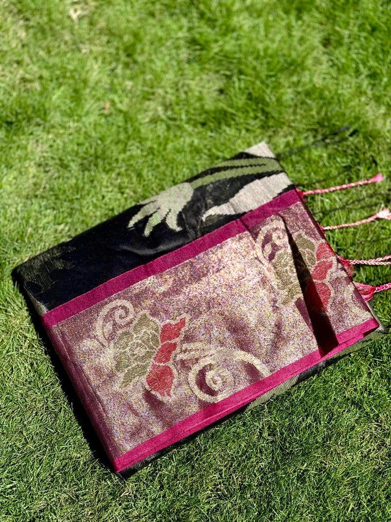 Black Soft Chanderi Pochampally Ikkat Saree