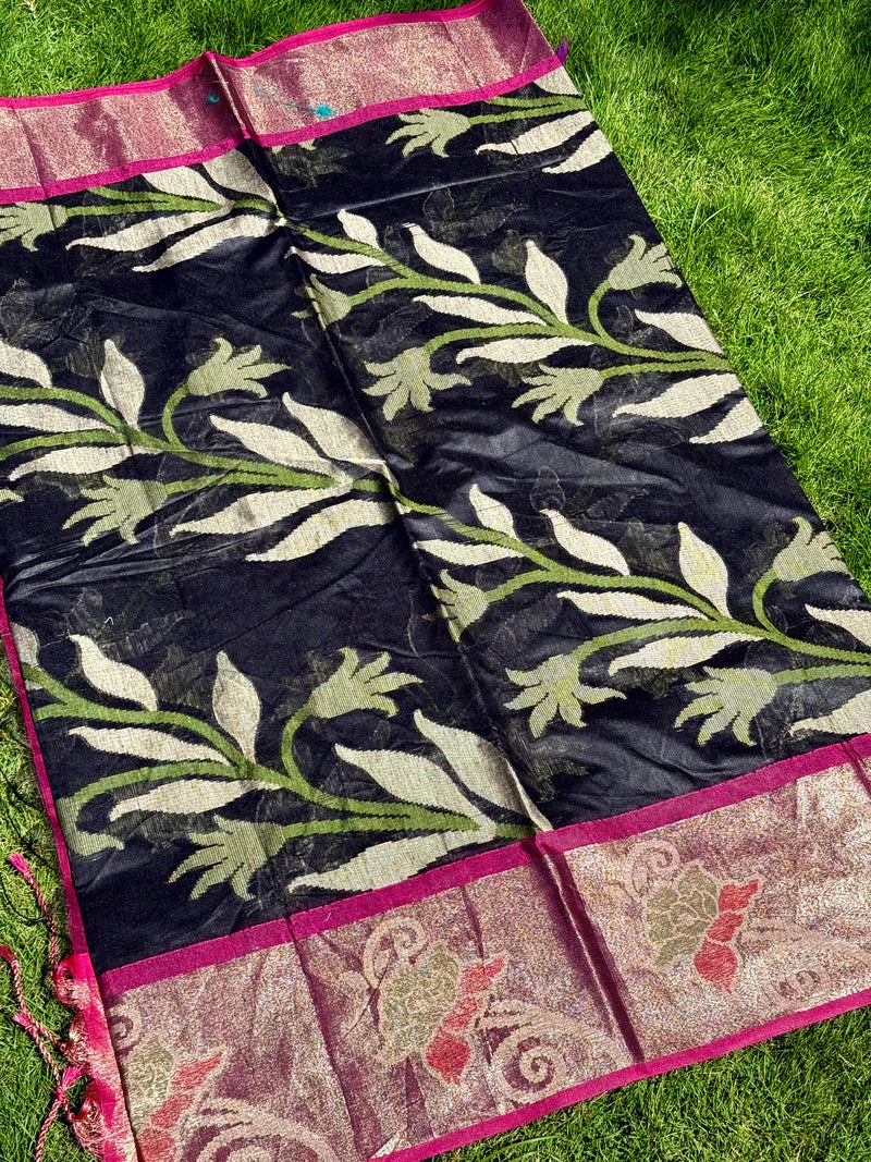 Black Soft Chanderi Pochampally Ikkat Saree