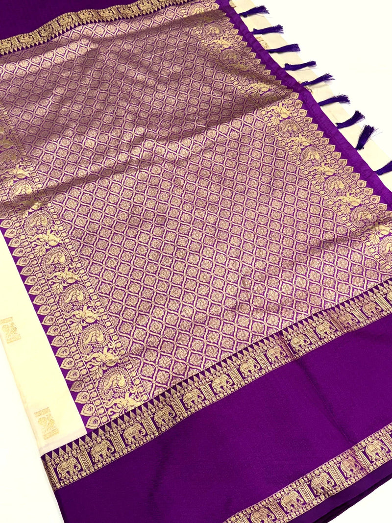 White Gadhwal Pure Soft Silk Saree