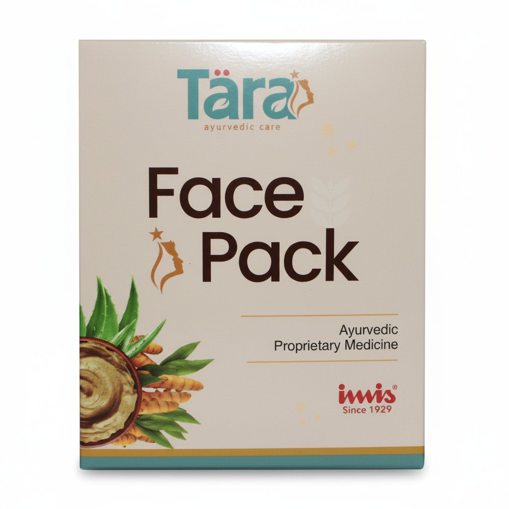 Tära Face Pack packaging with Tära and invis logos on a beige background