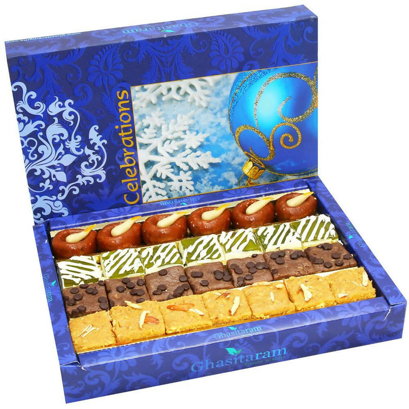 Ghasitaram Assorted Box of Kaju Chocolate Barfi, Mango Bite, Mathura Diya & Besan Barfi