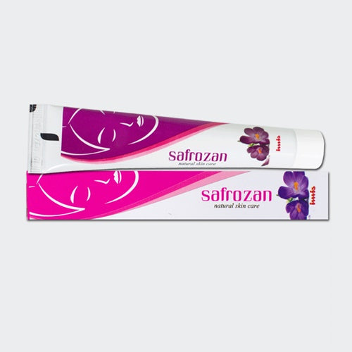 Two tubes of Safrozan natural skin care cream on a white background