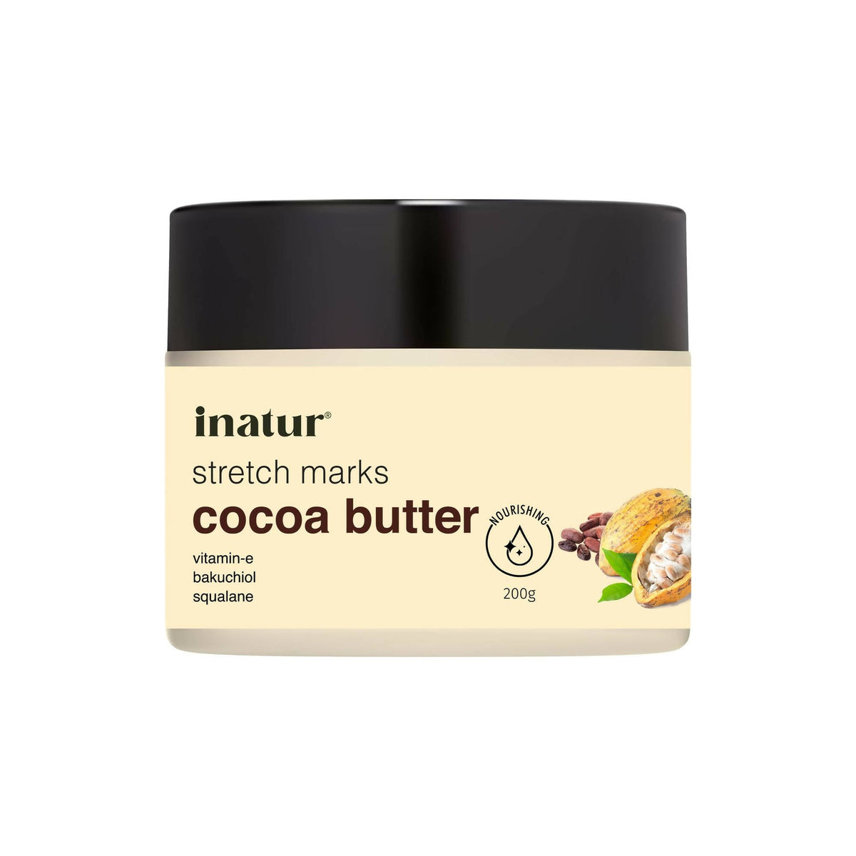 Jar of inatur cocoa butter stretch marks cream on a white background
