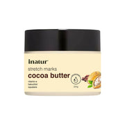 Jar of inatur cocoa butter stretch marks cream on a white background