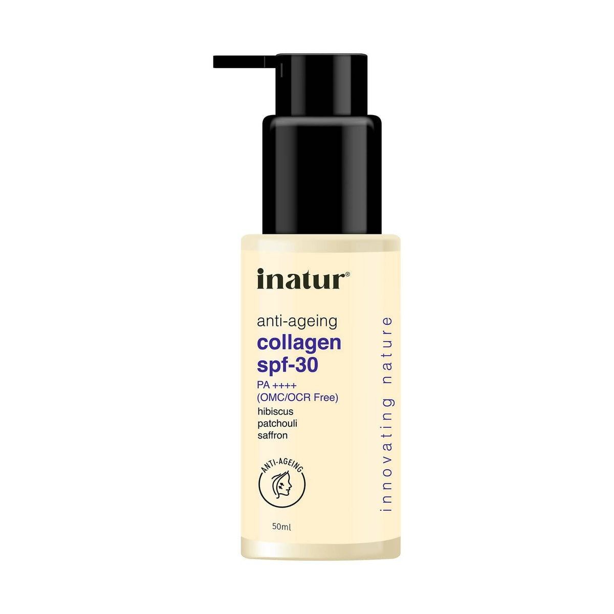 Inatur anti-ageing collagen SPF-30 skincare product on a white background