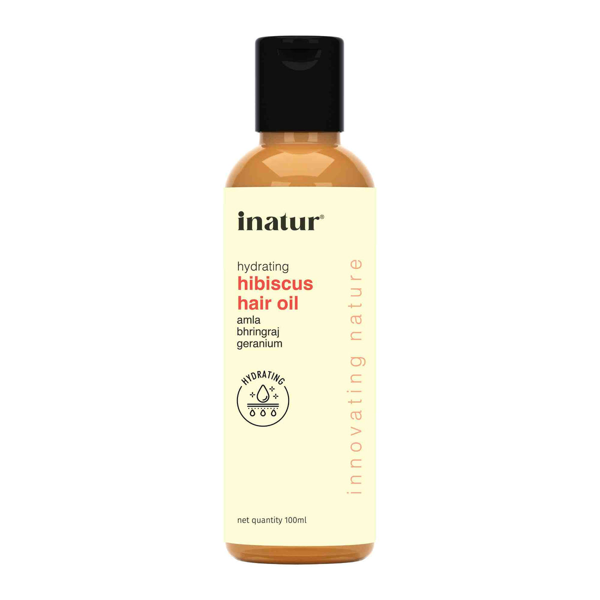 Bottle of inatur hydrating hibiscus hair oil on a white background