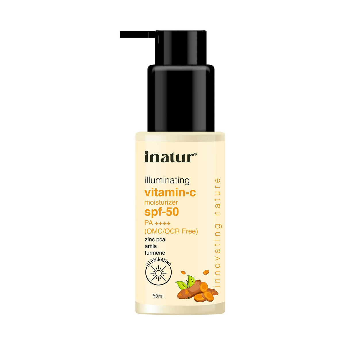 Inatur illuminating vitamin-c moisturizer SPF-50 bottle on a white background
