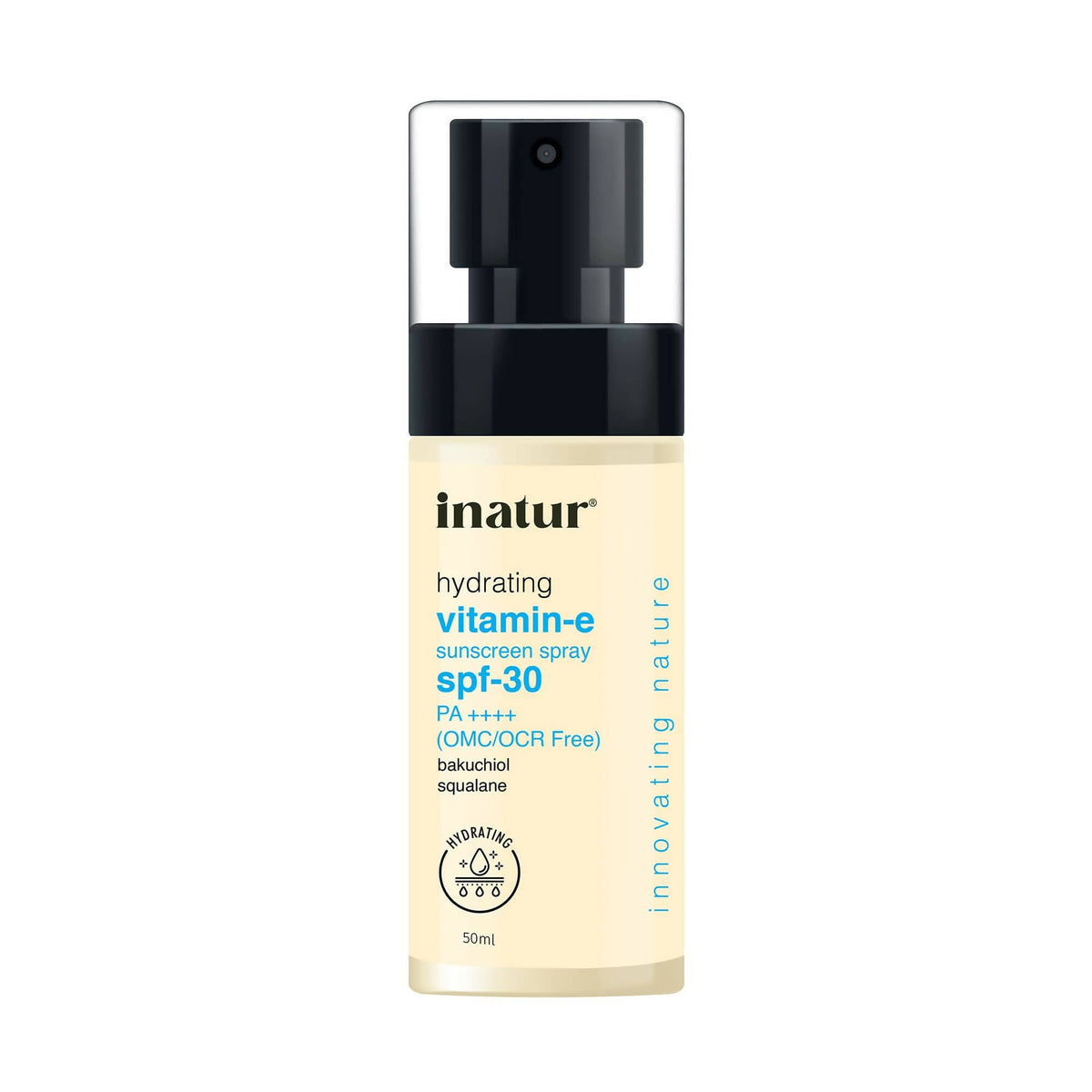 Inatur hydrating vitamin-e sunscreen spray SPF 30 on a white background