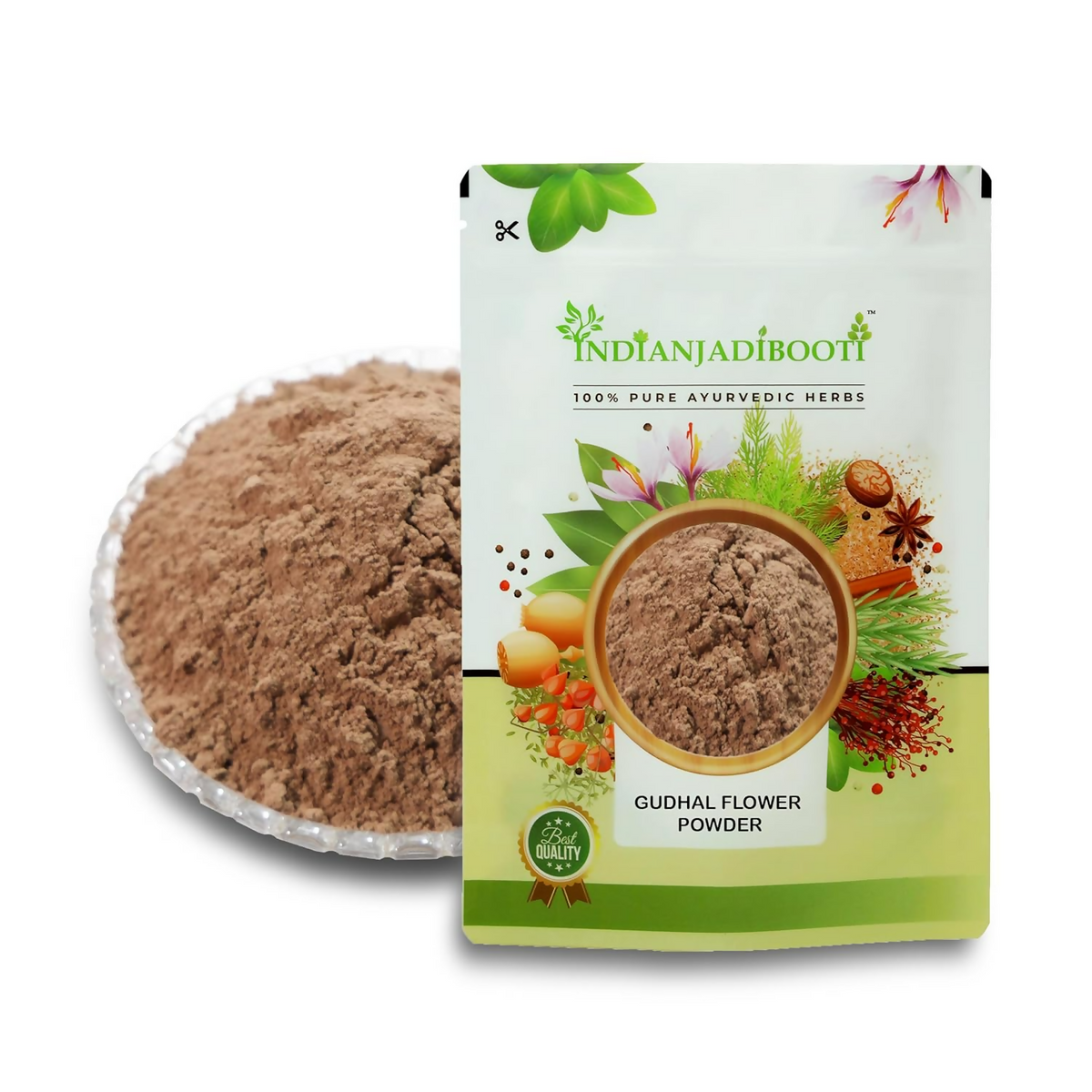 Indianjadibooth Gudhal Flower Powder packaging with a bowl of powder on a white background