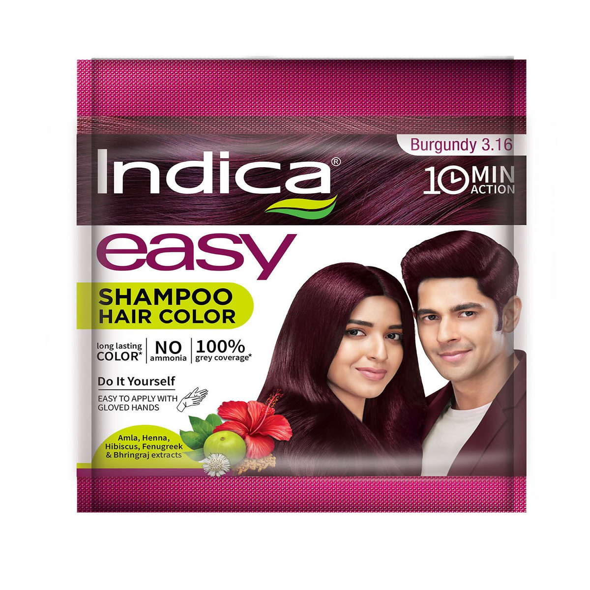Indica Easy Shampoo Hair Color package with a man and woman showing burgundy hair color.