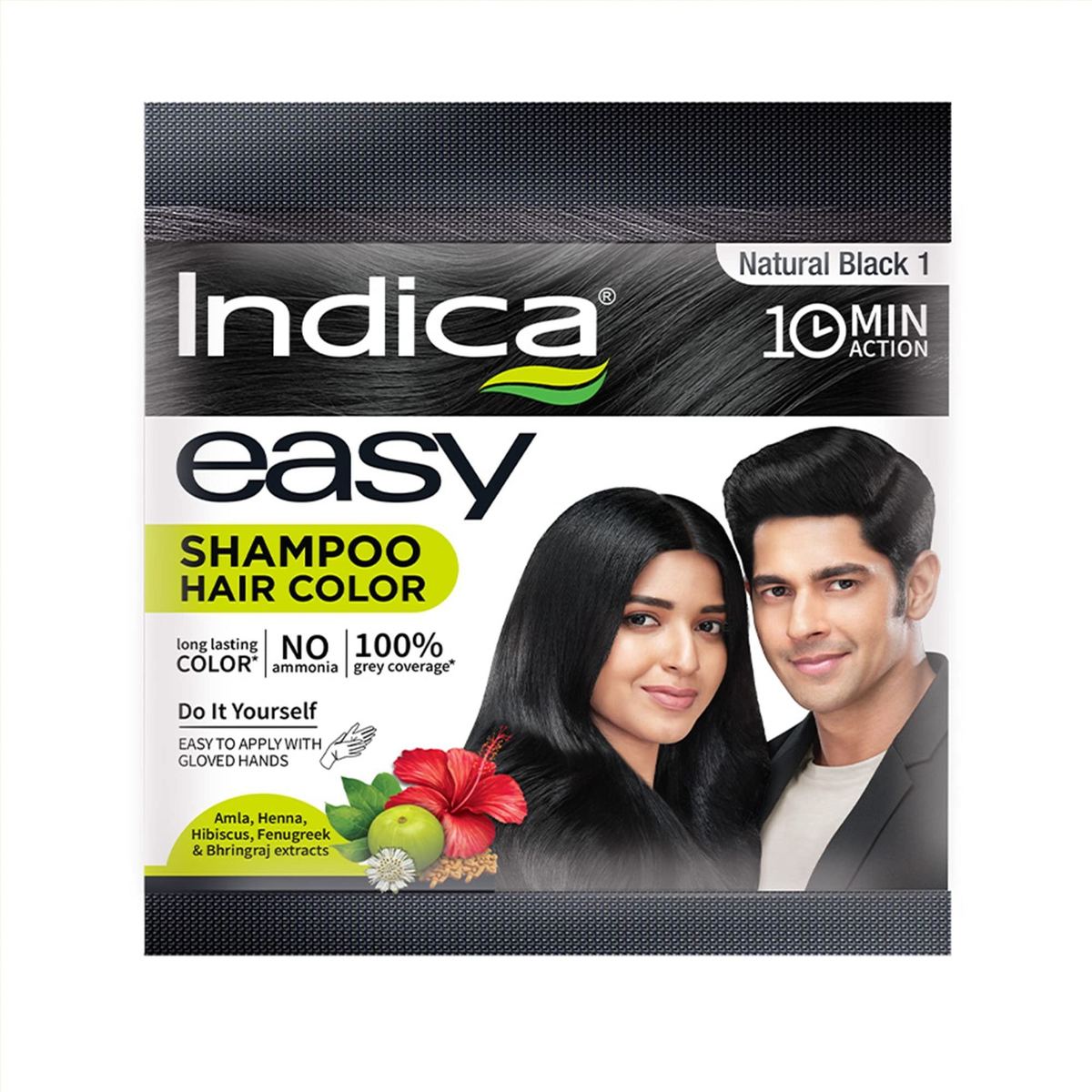 Indica Easy Shampoo Hair Color packaging with a man and woman, featuring natural black color and 10-minute action.