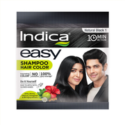 Indica Easy Shampoo Hair Color packaging with a man and woman, featuring natural black color and 10-minute action.