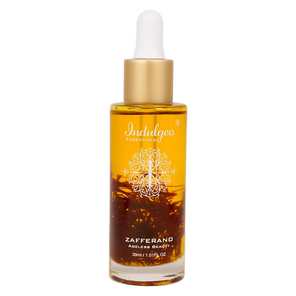 Bottle of Zafferano Indulgeo essential oil with dropper on a white background