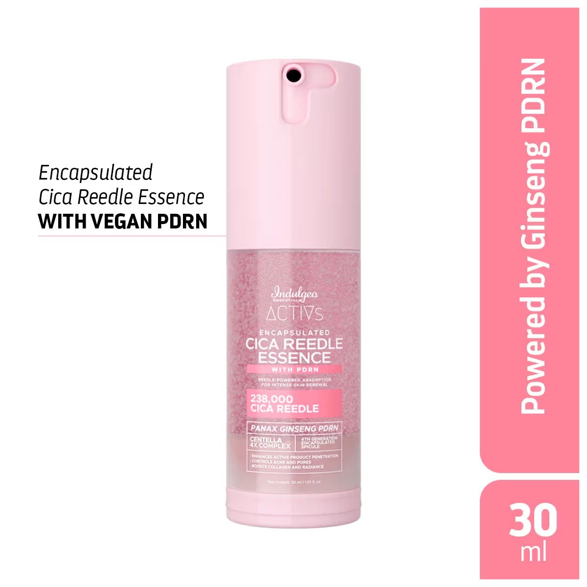 Pink bottle of encapsulated Cica Reedele Essence with text on a white background