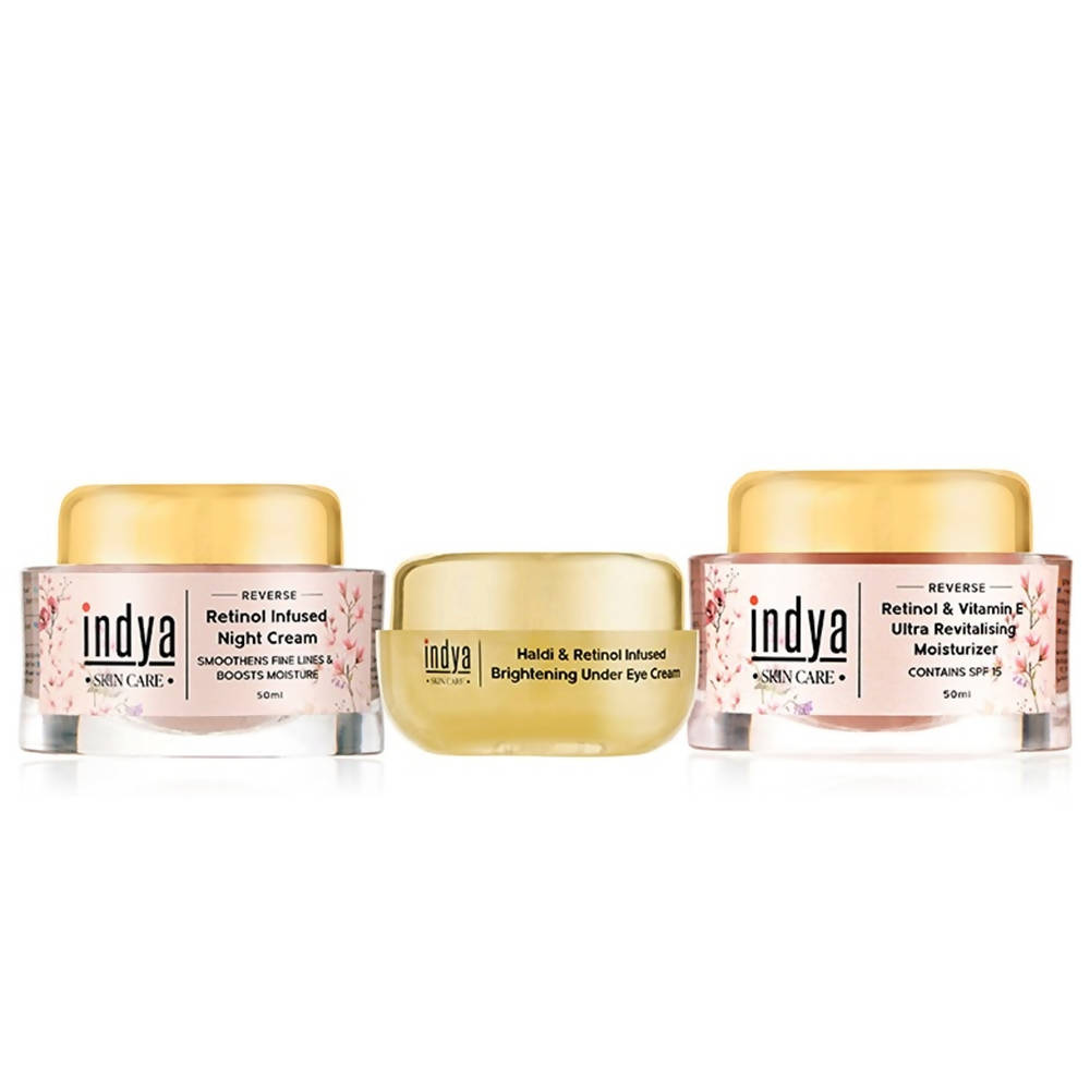 Three indya skin care jars on a white background