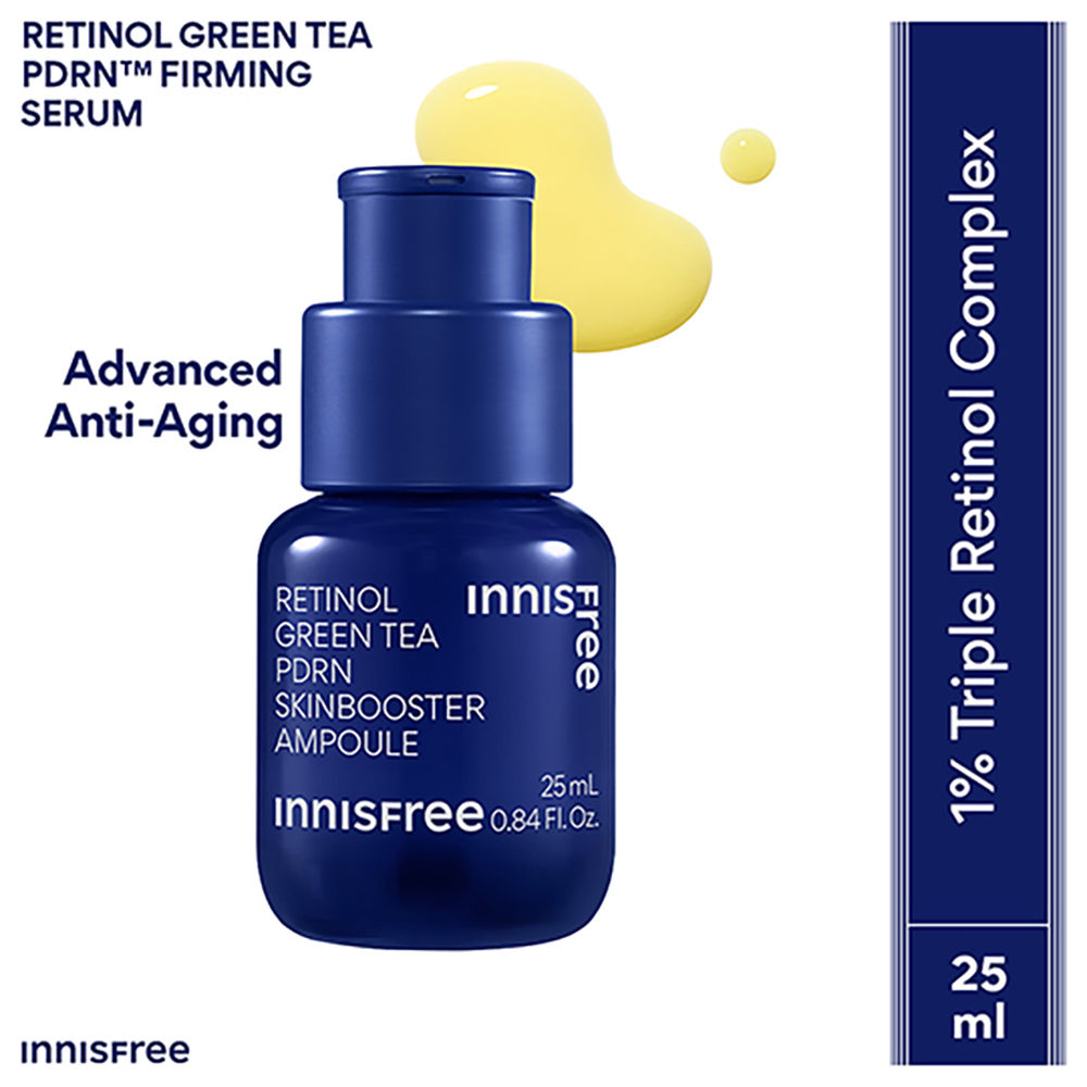 Innisfree Retinol Green Tea PDRN Firming Serum bottle with packaging on a white background