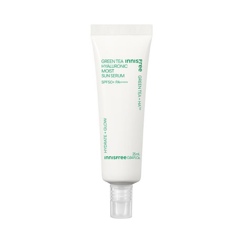 Innisfree Green Tea Hyaluronic Moist Sun Serum bottle on a white background