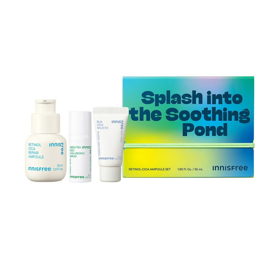 Innisfree skincare product set with bottles and a box on a white background