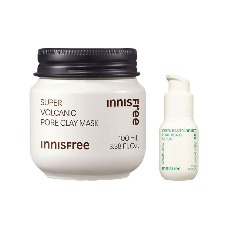 Innisfree Super Volcanic Pore Clay Mask and Green Tea Seed Hyaluronic Serum on a white background
