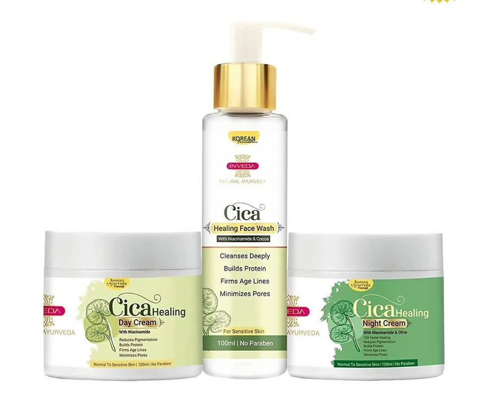 Cica healing skincare products including face wash, day cream, and night cream on a white background