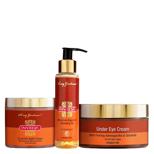Three skincare products from the brand 'Inveda' on a white background