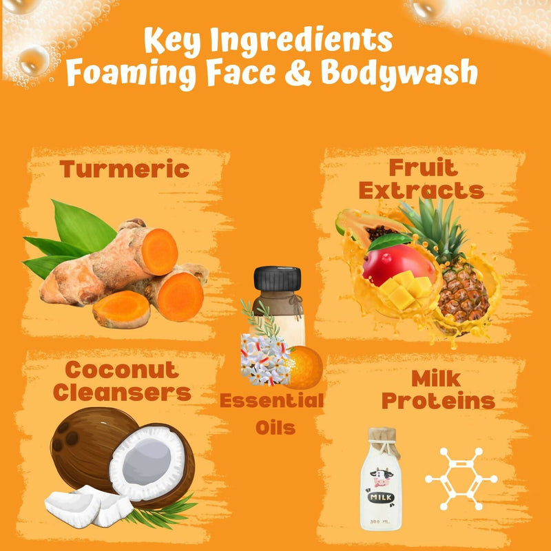 Puddles Organic Cub Riders Kids Foaming Face & Body Wash, Turmeric, Milk Protein, Orange Essential Oil