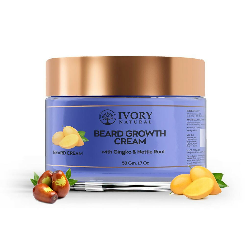 Beard growth cream jar with gold lid and blue label on a white background