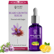 Ivory Natural Beard Growth Serum with packaging, flowers, and lemons on a white background