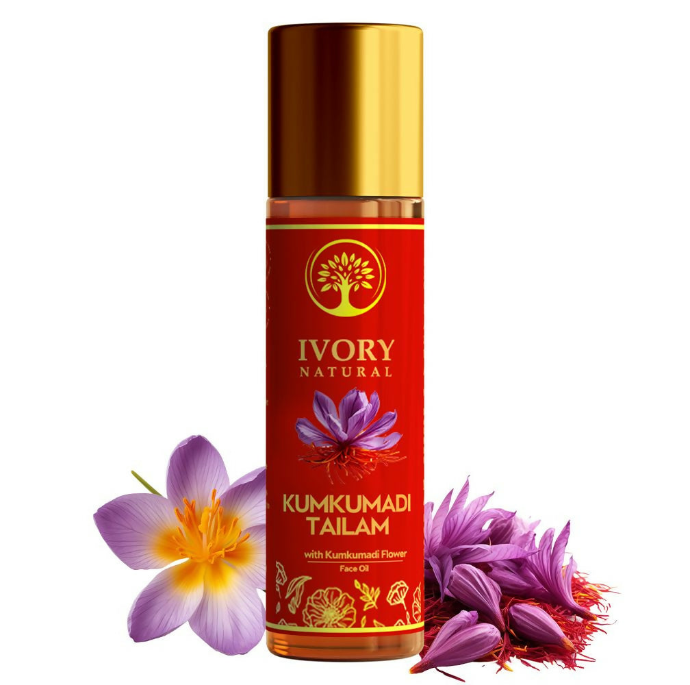 Bottle of Ivory Natural Kumkumadi Tailam with flowers on a white background