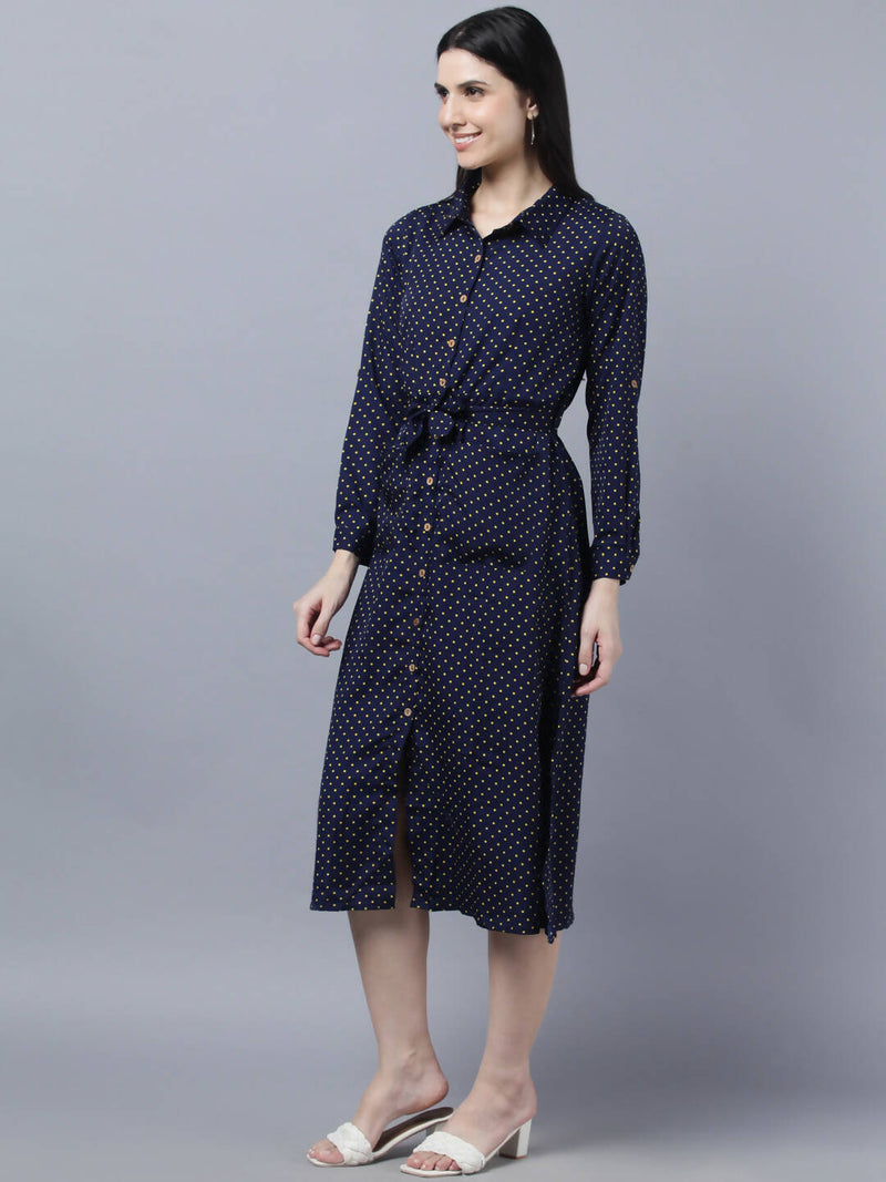 Myshka Women Navy Blue Yellow Printed Shirt Dress