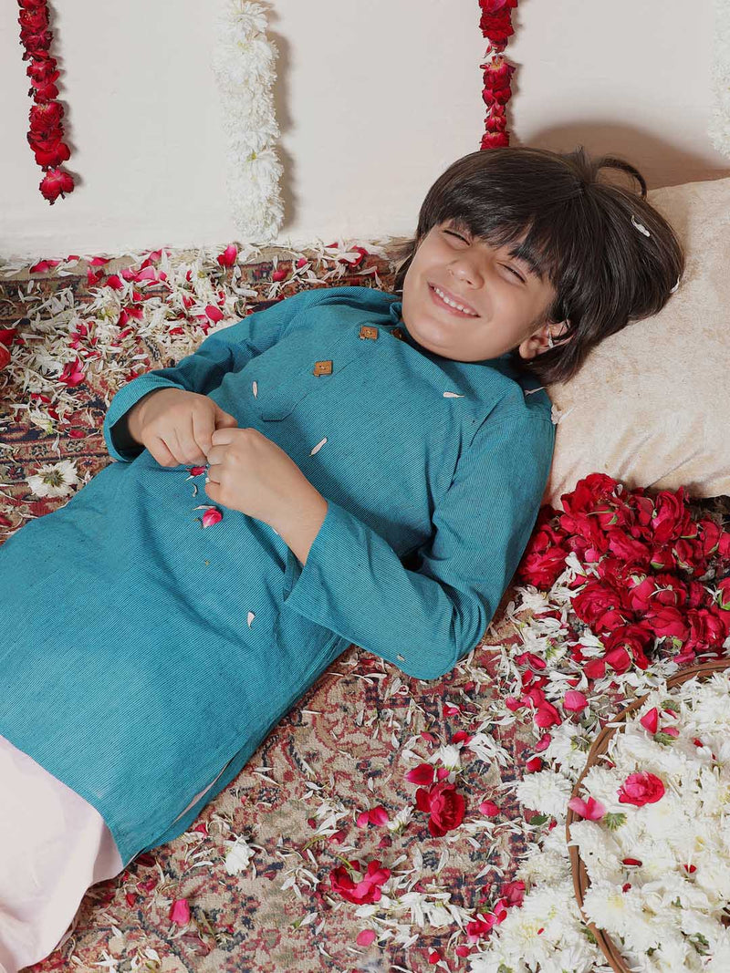 Boy's Aqua Blue Cotton Kurta And Pyjama Set