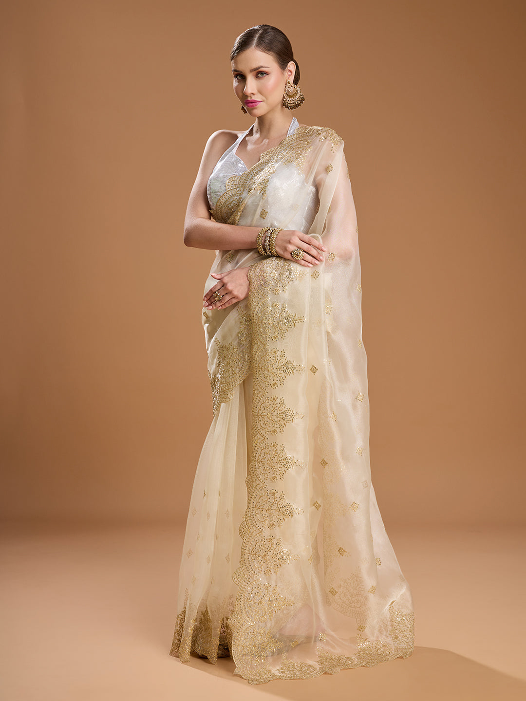 Jyoti Fashion Women's Cream Net Sequins Embroidered Designer Saree with Blouse