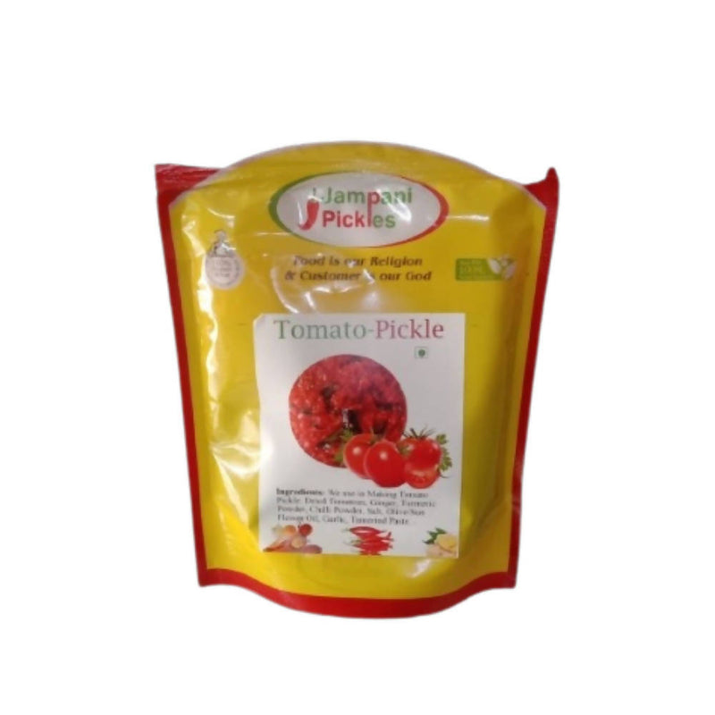 Packaged tomato pickle with a yellow and red label on a white background