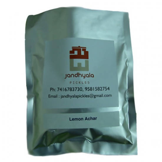 Jandhyala Pickles packaging with contact information on a white background