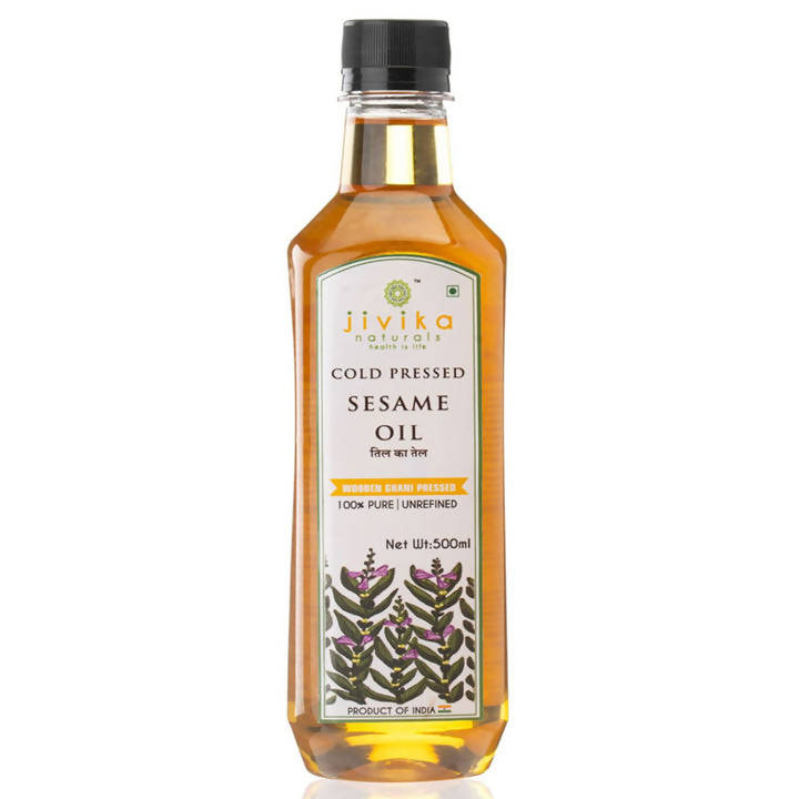 Bottle of Jivika Naturals Cold Pressed Sesame Oil on a white background
