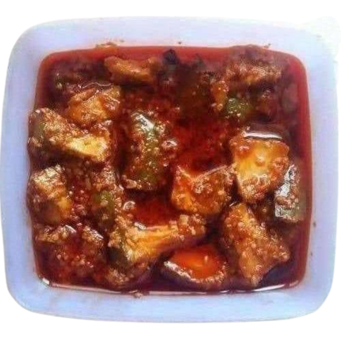 Stir-fried dish with vegetables and sauce in a white container