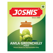 Packaging of Joshis Amla Greenchilly Pickle with green and red design.