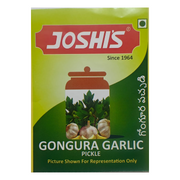 Packaging of Joshis Gongura Garlic Pickle with green and red design.