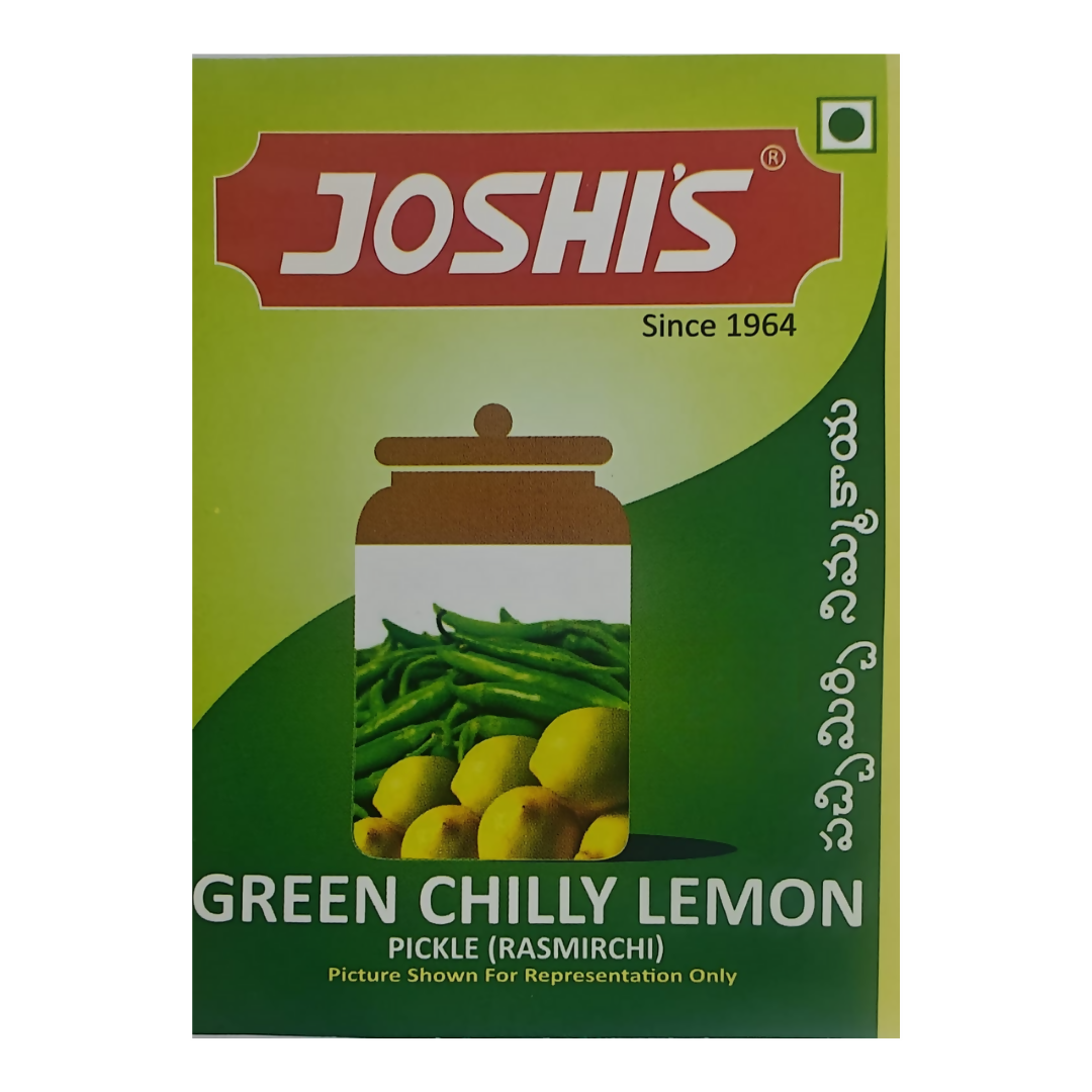 Packaging of Joshi's Green Chilly Lemon Pickle with green background