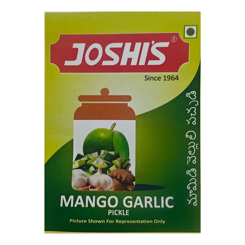 Joshi's Mango Garlic Pickle packaging on a white background