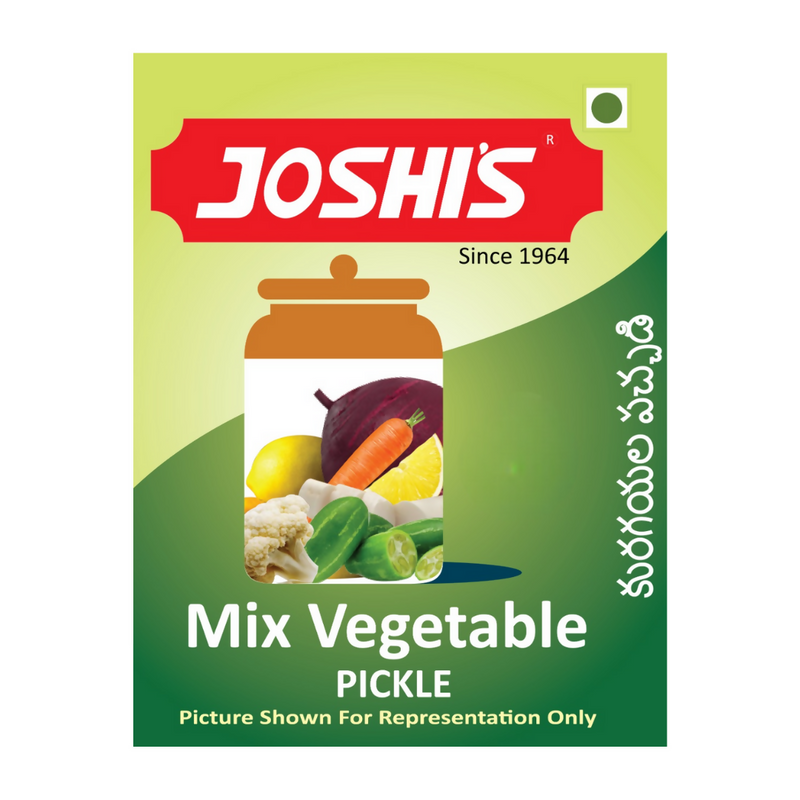 Joshi's Mix Vegetable Pickle packaging with green and red design