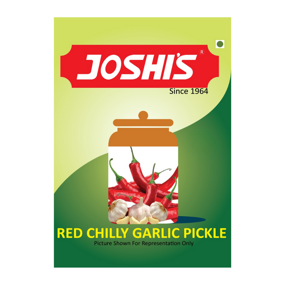 Packaging of Joshis Red Chilly Garlic Pickle with a green and red color scheme.