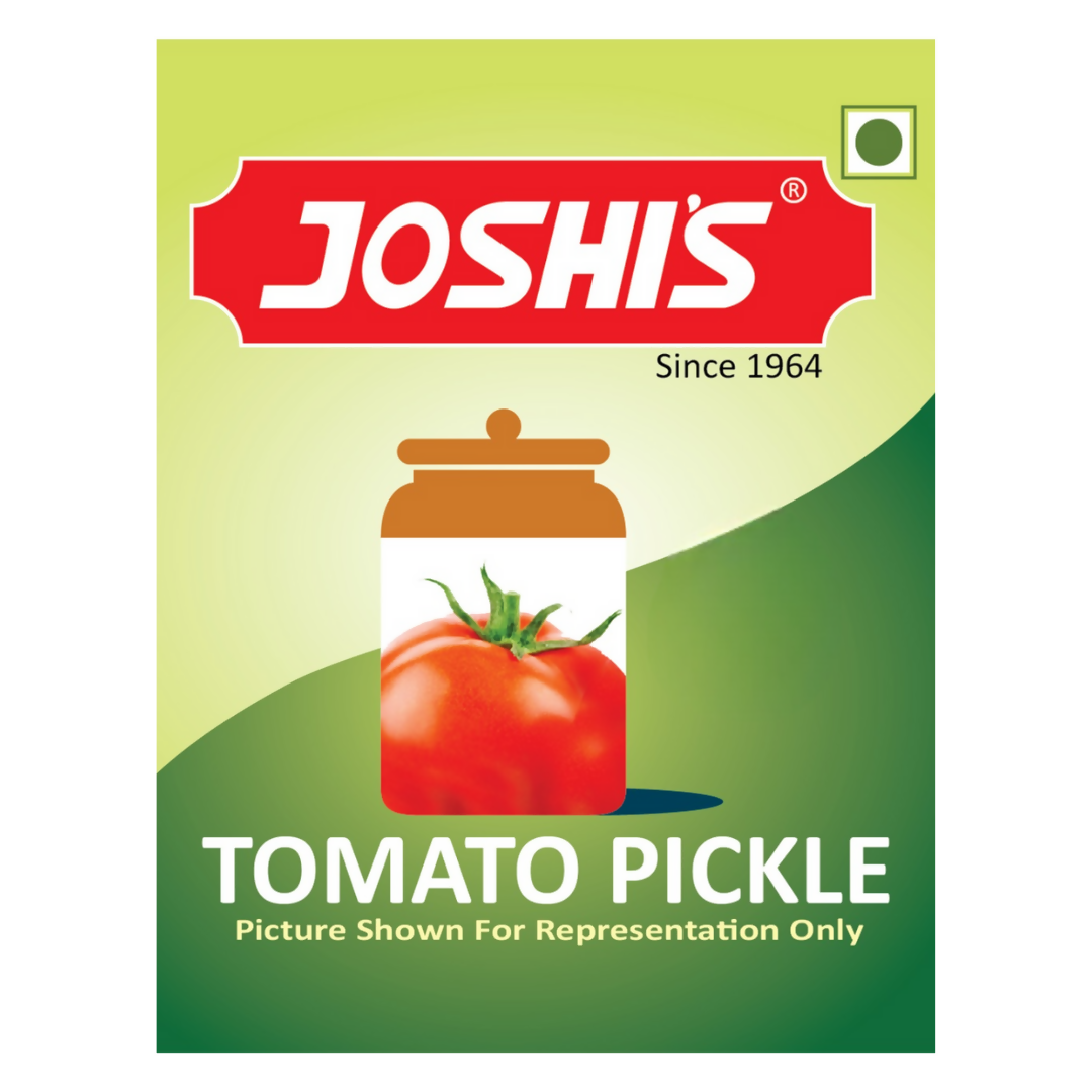 Joshi's Tomato Pickle packaging with a tomato and jar illustration on a green background
