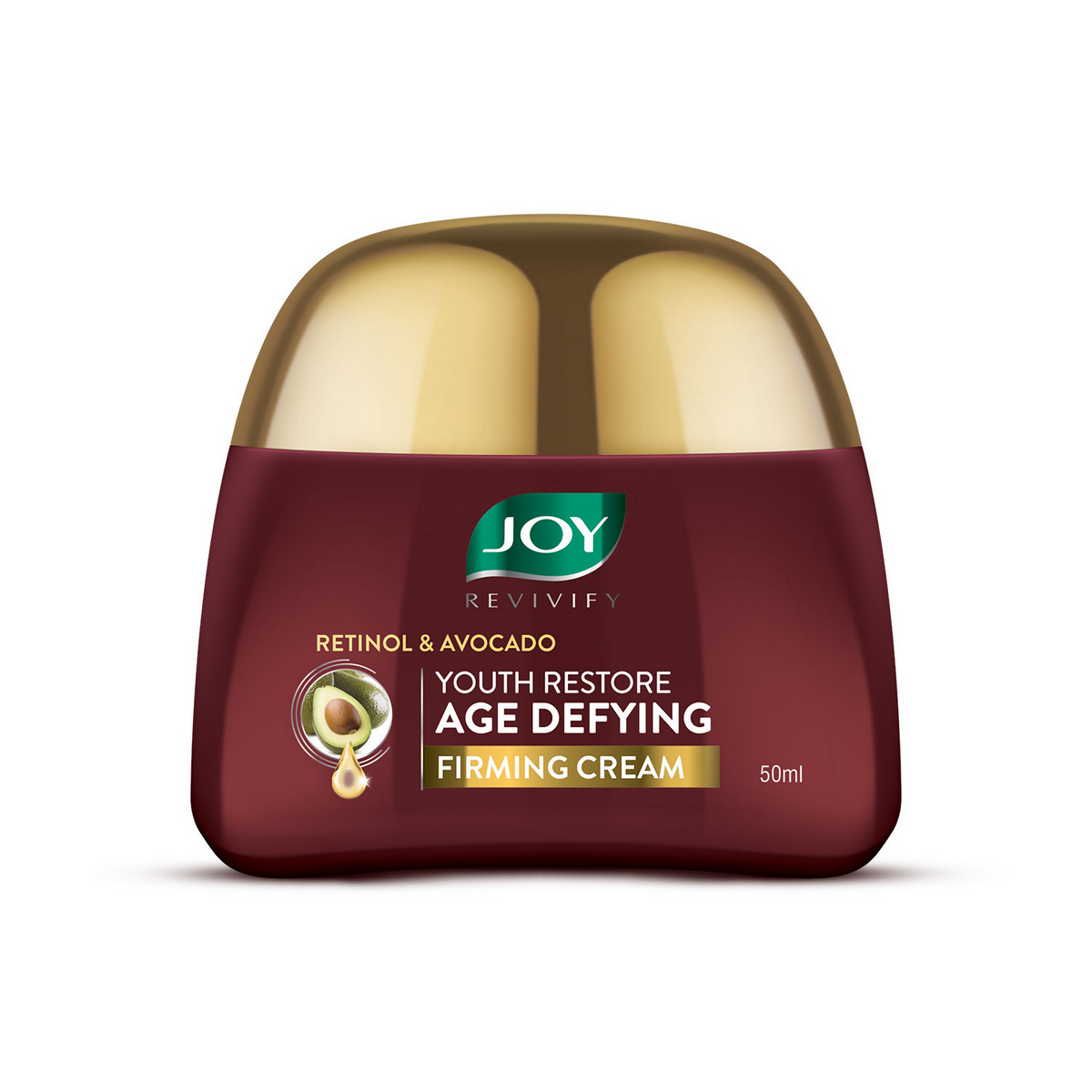 JOY Revivify cream jar with gold lid on a white background