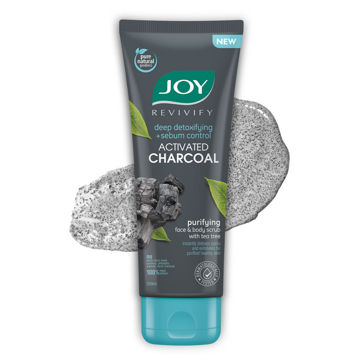 Joy Revivify activated charcoal scrub packaging with a gray scrubber on a white background